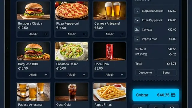 Pantalla de pedido de SoftMYC TPV con catálogo, ticket y botón de cobro